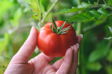 Hand of a young girl picking a fresh bio ripe red tomato from a green plant in the gardenの写真素材