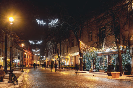 Vilnius, Lithuania - December 5 2023: Beautiful cozy Christmas decorations and lights in the old town of Vilnius, capital of Lithuania, Europe, by nightのeditorial素材