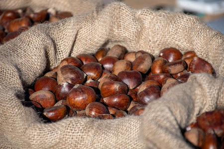 Beautiful brown ripe roasted chestnuts or chestnuts in a jute sack or bag in a street food market, close upの写真素材