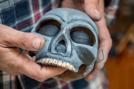 Wooden marionette or puppet skull in the hands of a craftsmanの写真素材
