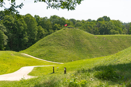 Hills of Kernave, Lithuania, UNESCO world heritage, was a medieval capital of the Grand Duchy of Lithuania, today is a tourist attraction and an archaeological site. Panorama of vaの写真素材