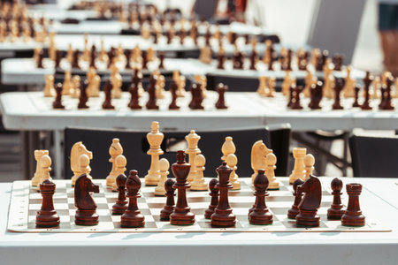 Rows of chess boards with neatly arranged black and white pieces set up on tables, likely for a...