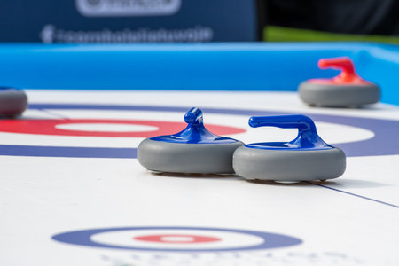 Curling stone placed in the center of a curling target or house, on a marked playing surface. The...