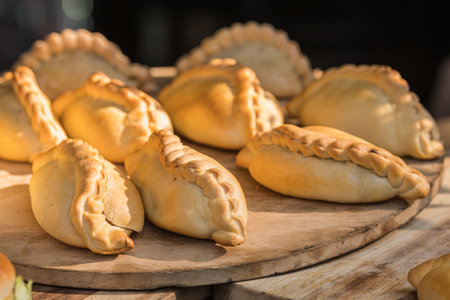 Kibinai, traditional Lithuanian food, pastries filled with various meat, onion and pepper, popular with Karaite ethnic minority in Vilnius, Lithuania, street food marketの写真素材