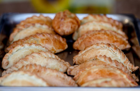 Kibinai, traditional Lithuanian food, pastries filled with various meat, onion and pepper, popular with Karaite ethnic minority in Vilnius, Lithuania, street food marketの写真素材