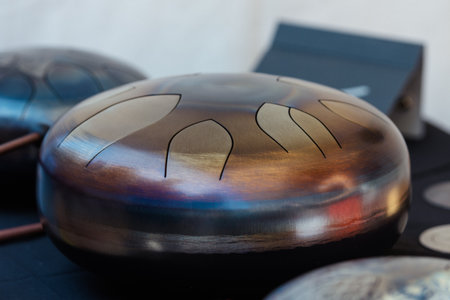 Steel tongue drum. Close-up of a melodic percussion instrument used in meditation, yoga, sound...