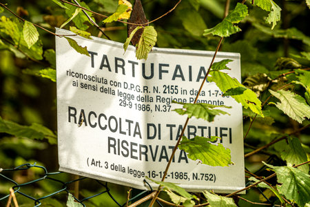 Sign of a reserved, protected and regulated by regional law area for truffle collection in the Piedmont region of Italyの写真素材