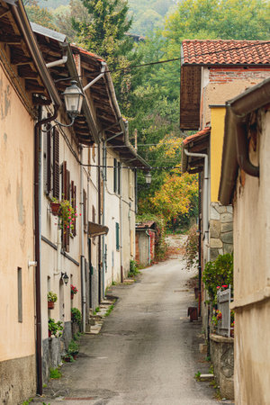 Narrow street in Monteu da Po, a charming village in the Piedmont region of Italyの写真素材