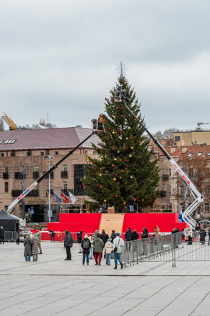Vilnius, Lithuania - November 22 2025: Workers making the Christmas tree in Cathedral square in Vilnius, Lithuaniaのeditorial素材
