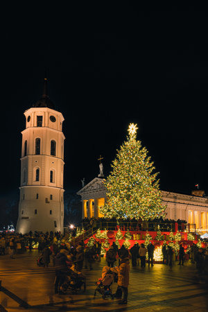 Vilnius, Lithuania - November 30 2025: A brightly lit Christmas tree in a festive city square in Vilnius, Lithuania, Europe, at night, surrounded by people, holiday lights and marのeditorial素材