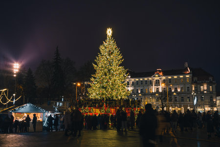 Vilnius, Lithuania - November 30 2025: A brightly lit Christmas tree in a festive city square in Vilnius, Lithuania, Europe, at night, surrounded by people, holiday lights and marのeditorial素材