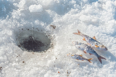 Ice fishing setup with a small rod and reel resting beside a drilled hole in frozen lake ice during...