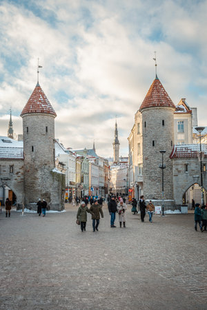 Tallinn, Estonia - February 21 2026: The Viru Gate, with its iconic ivy-covered 14th-century twin...