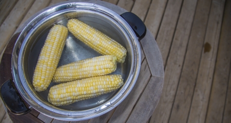 four pieces of peaches and cream corn getting peeledの写真素材