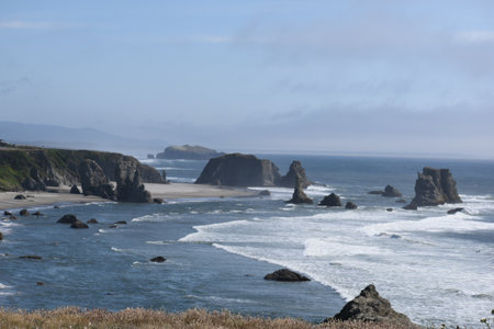 A view of the coastline in Bandon, Oregonの写真素材