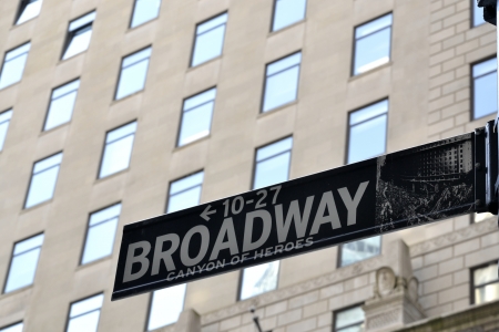Broadway is a wide avenue in New York and one of the oldest north-south routes in the city, dating back to the first Dutch settlement of New Amsterdam のeditorial素材