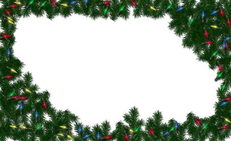 Christmas greenery and lights framed on a white backgroundの写真素材
