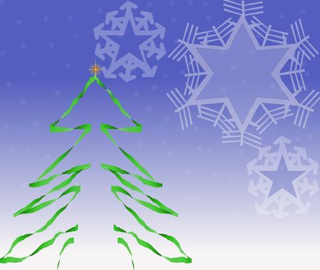 Vector drawings of Christmas tree and snowflakes on a snowy backgroundの写真素材