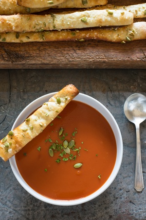 Tomato soup and bread sticks