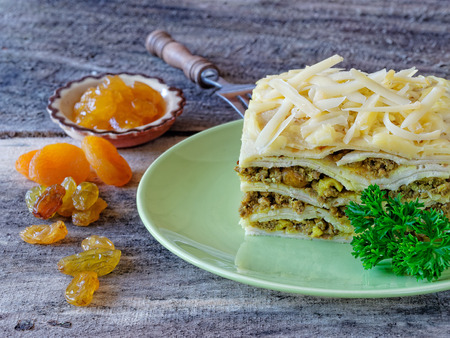South African bobotie dish layered with pancakesの写真素材