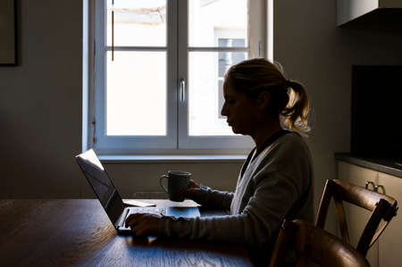 young blonde woman working in her kitchen in front of a laptop