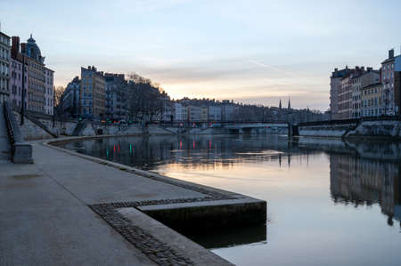 Banks of the SaÃ´ne river in Lyon at dawn