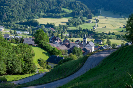 The picturesque village of La CompÃ´te in the Coeur des Bauges in the Bauges massif in Savoie in the Alps in Franceの写真素材