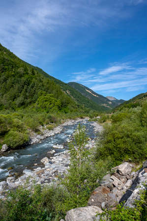 Mountain landscape in the Alpes-Maritimes in summer in the TinÃ©e valleyの写真素材