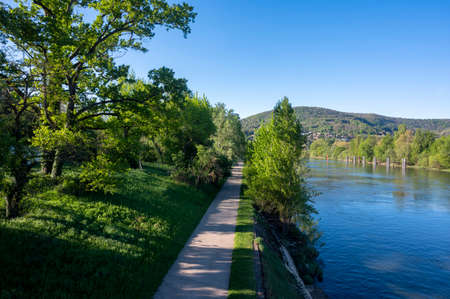 Landscape of the banks of the SaÃ´ne river in spring in the RhÃ´ne department around RochetaillÃ©e-sur-SaÃ´neの写真素材