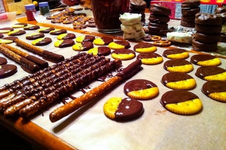 Chocolate dipped crackers and pretzel snacksの写真素材