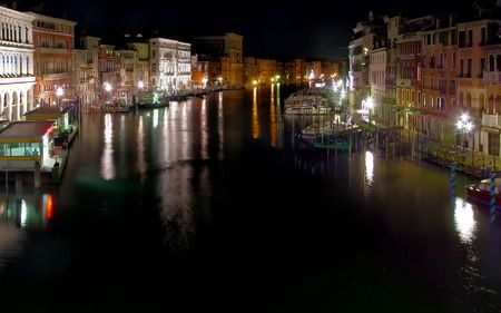 Grand Canal view from Rialto bridge. Deep black night with color lanternsの写真素材