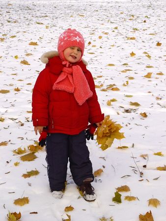 Little girl in red and pink clothes with autumn leaves staying at first snow         の写真素材