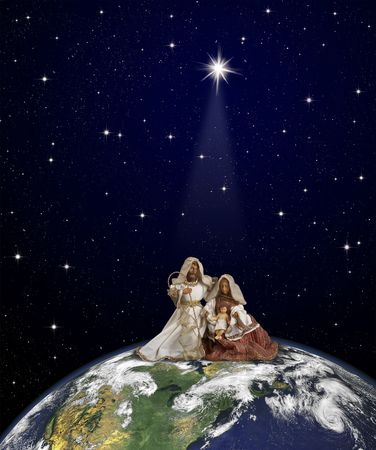 Nativity scene with Jesus, Maria and Joseph sitted at the top of globe on thespace background under the Christmas star beam.     World map courtesy of NASA. の写真素材