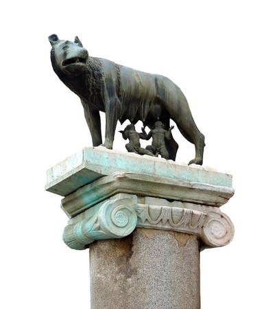 She-wolf breast-feed Romulus and Remus. Place of foundation of Rome. White backgroundの写真素材