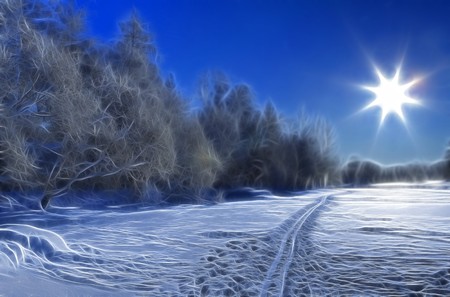 Fractal style Snow ski road on a frozen lake and Sun backlight. North of Russiaの写真素材