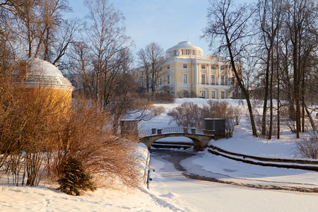 Winter view of the Big palace through park trees. Pavlovsk, St.Petersburg, Russiaのeditorial素材