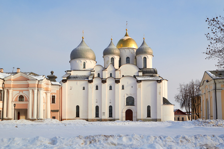 oldest in Russia Cathedral of St. Sophia. Veliky Novgorod at sunny winter dayのeditorial素材