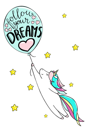Cute little unicorn and baloon. Follow your dreams text. Vector isolated illustrationのイラスト素材