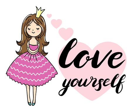 Cute little princess is cuddeling yourself. Love yourself text. Vector isolated illustrationの写真素材