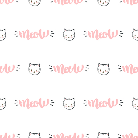 Vector seamless pattern with cat and meow lettering.のイラスト素材
