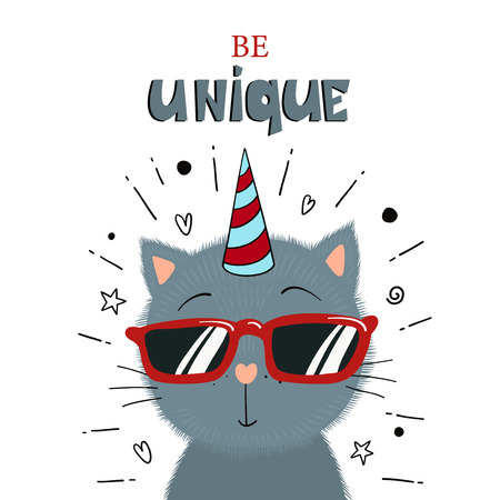 Cute little kitten in sunglasses. Be unique text. Vector illustration.のイラスト素材