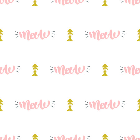 Vector seamless pattern with fish and meow letteringのイラスト素材