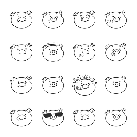 Set of emoticon icons. Emoji pigs for coloring book. Black and white vector illustration.のイラスト素材