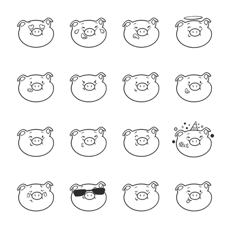 Set of emoticon icons. Emoji pigs for coloring book. Black and white vector illustration.のイラスト素材