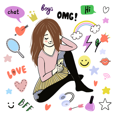 Teen girl is texting. Girl with a phone and other elements. Vector isolated illustration.のイラスト素材