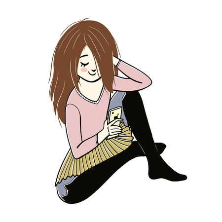 Teen girl is texting. Girl with a phone. Vector isolated illustration.のイラスト素材