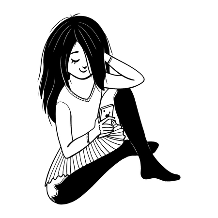 Teen girl is texting. Girl with a phone. Vector isolated illustration.のイラスト素材