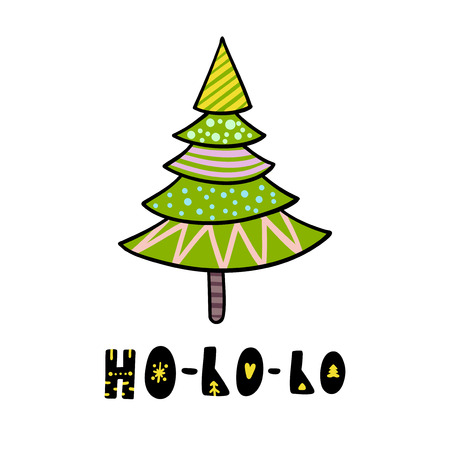 Cartoon invitation card. Christmas tree on white backdrop. Ho-ho-ho text. Vector new year illustration.のイラスト素材
