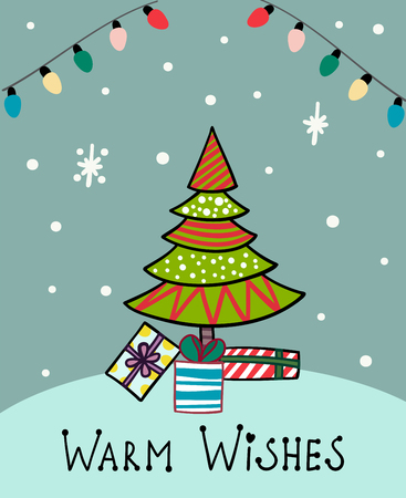 Cartoon invitation card. Christmas tree with some giftsunder it on light backdrop. Warm wishes text. Vector new year illustrationのイラスト素材