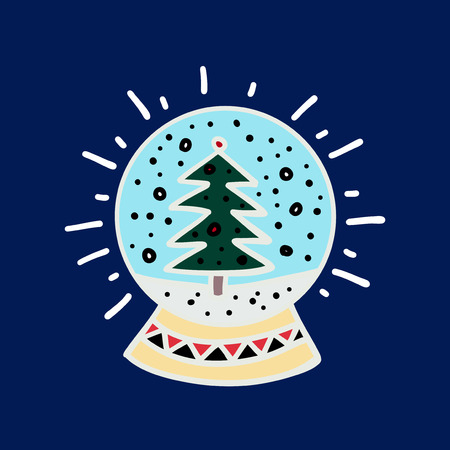 Cartoon invitation card. Snow globe with a Christmas tree on dark backdrop. Vector new year illustrationのイラスト素材